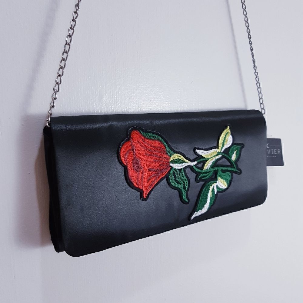 NWT Lauvier Single Rose Embroidered Satin Handbag